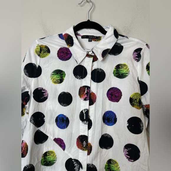 Kocan Multi color Stretchy Cotton Poplin Asymmetrical Hem Button Down Tunic S - Picture 4 of 12
